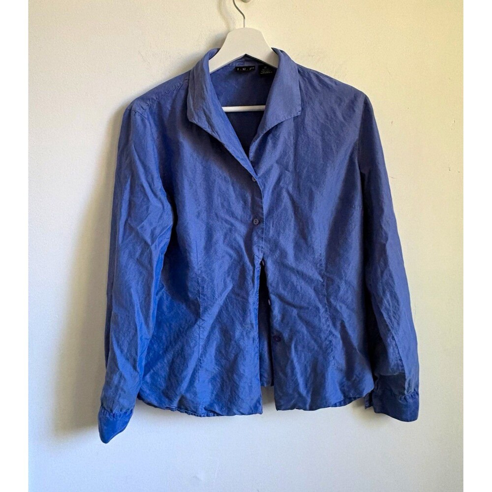 I.N.C. International Concepts Blouse Womens 12 Blue Silk Button Up career office